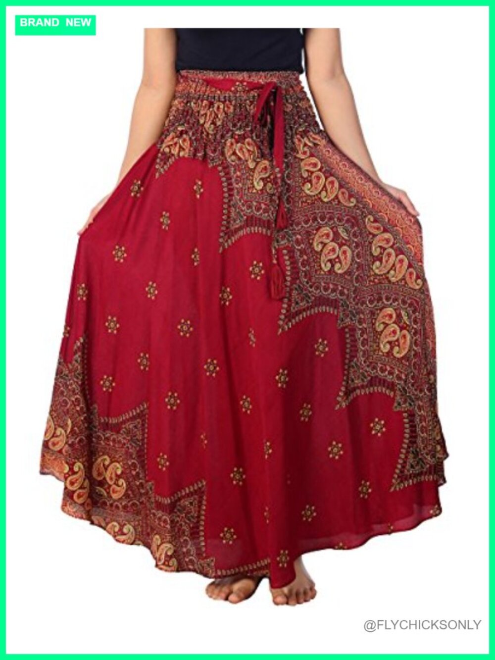 Boho Maxi Skirt for Women Rayon Elastic Waist Drawstring Tassels Casual Beach